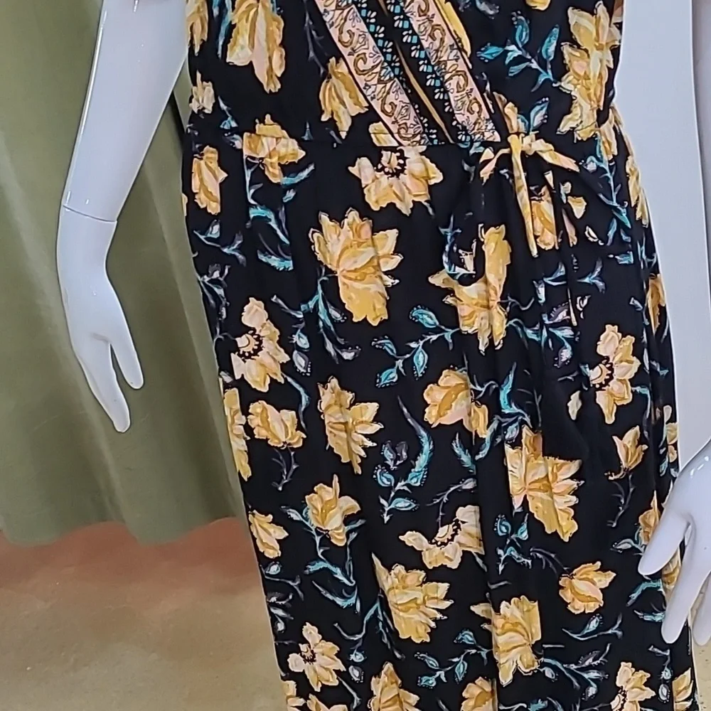 Xhilaration Cold Shoulder Yellow Black Floral V Neck Tassels Maxi Dress - Picture 4 of 12